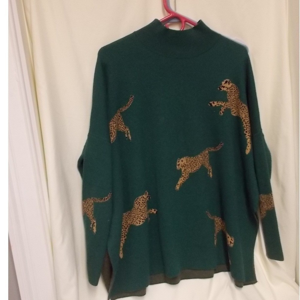 Entro Green Mock Neck Leopard Cheetah Animal Print Knit Sweater Womens L